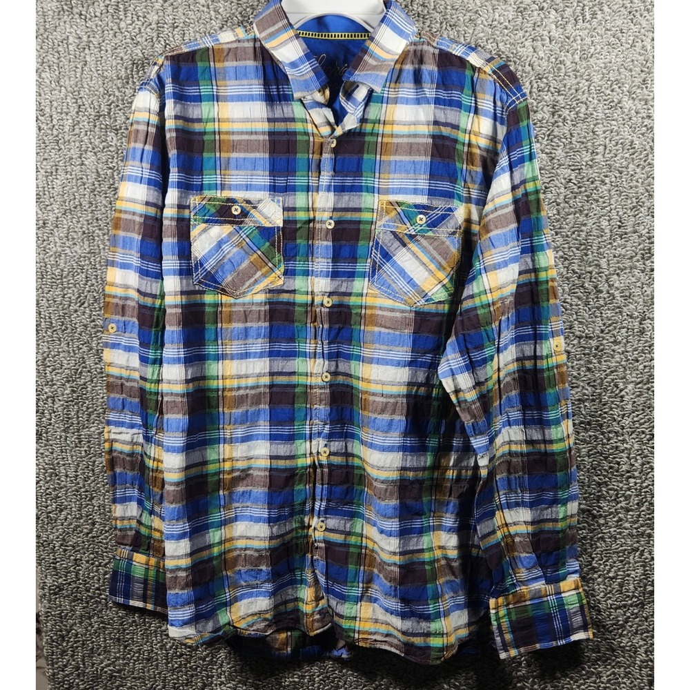 Luciano Visconti Button Down Shirt Blue Plaid Textured Casual Mens Large